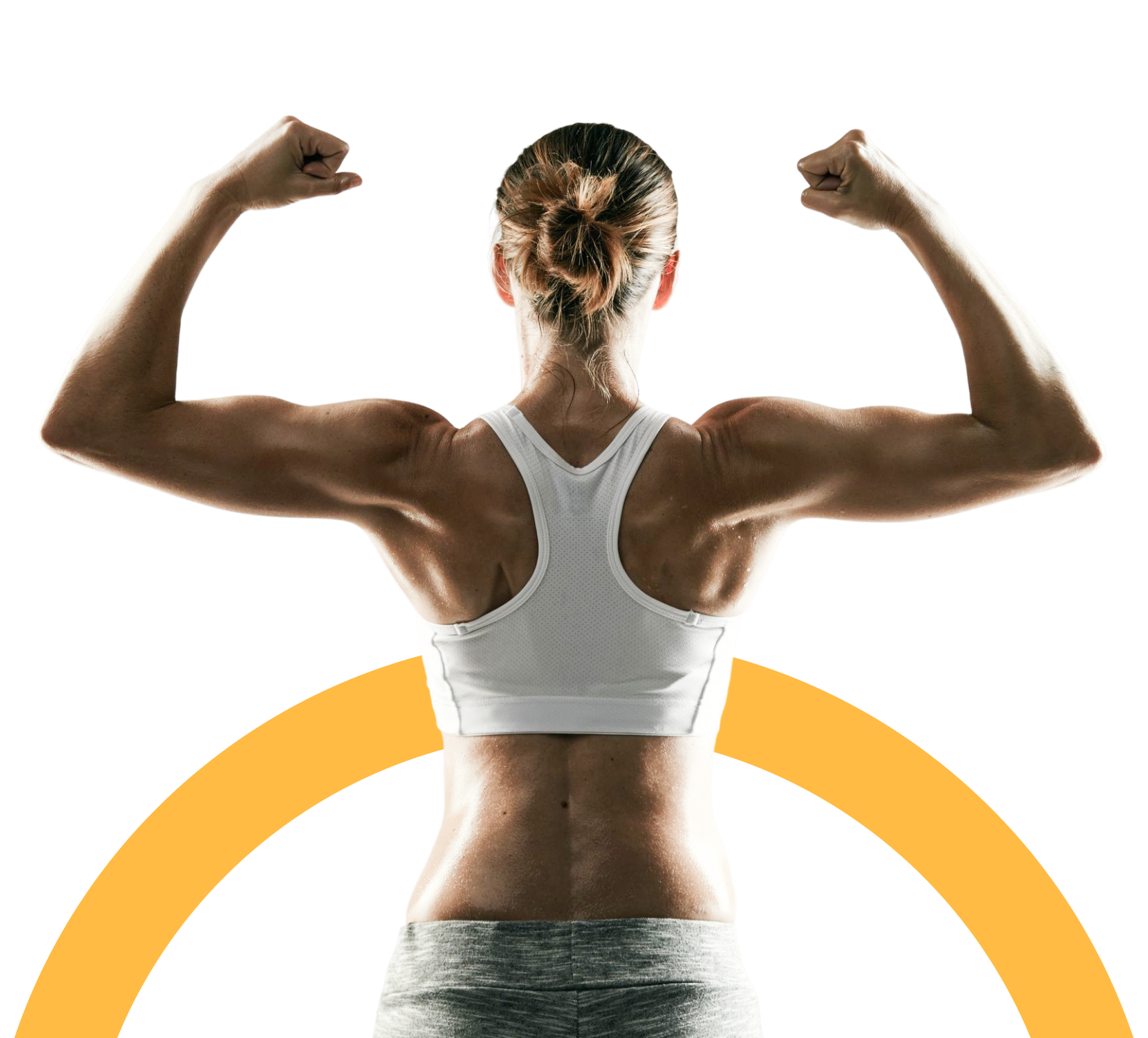 A woman in athletic clothing stands with her back to the camera, flexing her arms to show muscle definition, with a yellow semi-circle in the background.