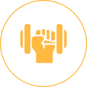 Yellow icon of a fist gripping a barbell inside a circular border on a light gray background.