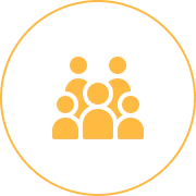 Yellow icon of five people inside a yellow circle on a light gray background, representing a group or community.